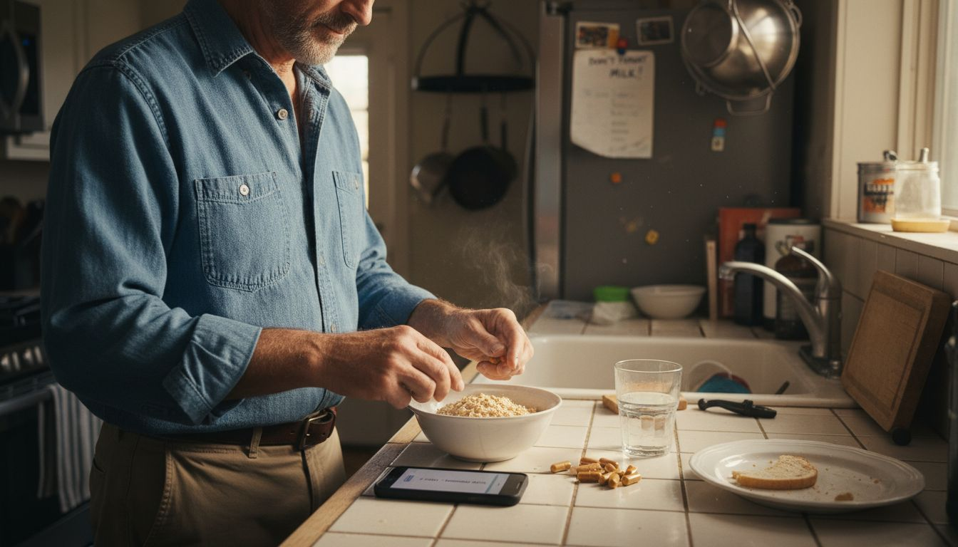 Man prepares Lion's Mane dose with breakfast