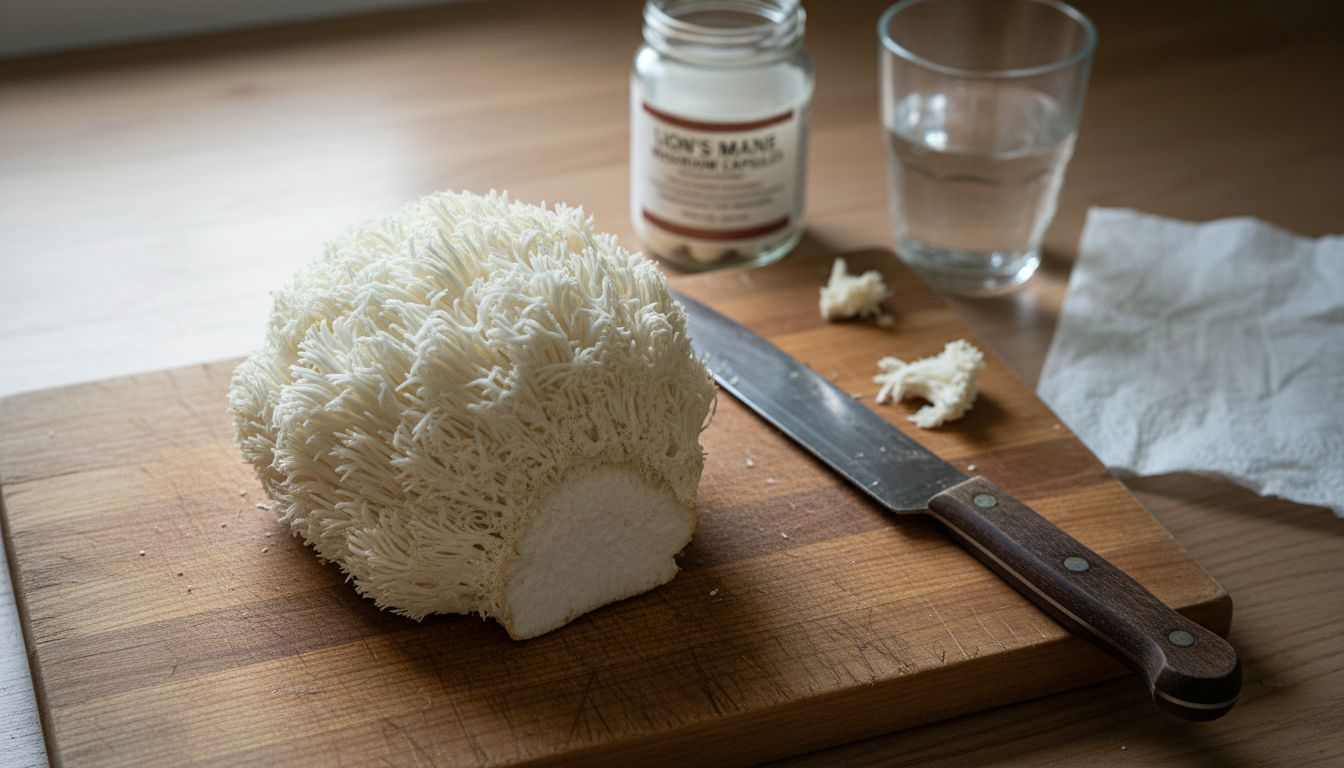 Fresh Lion's Mane mushroom on kitchen board