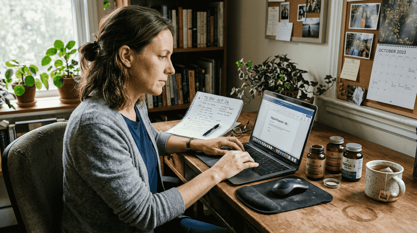 Woman working at desk with natural supplements