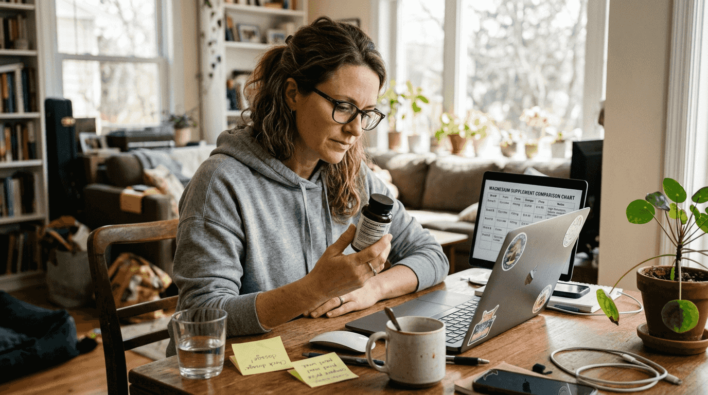 Woman reading magnesium supplement label