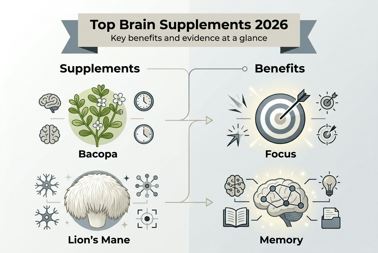 Infographic of top brain supplements and benefits