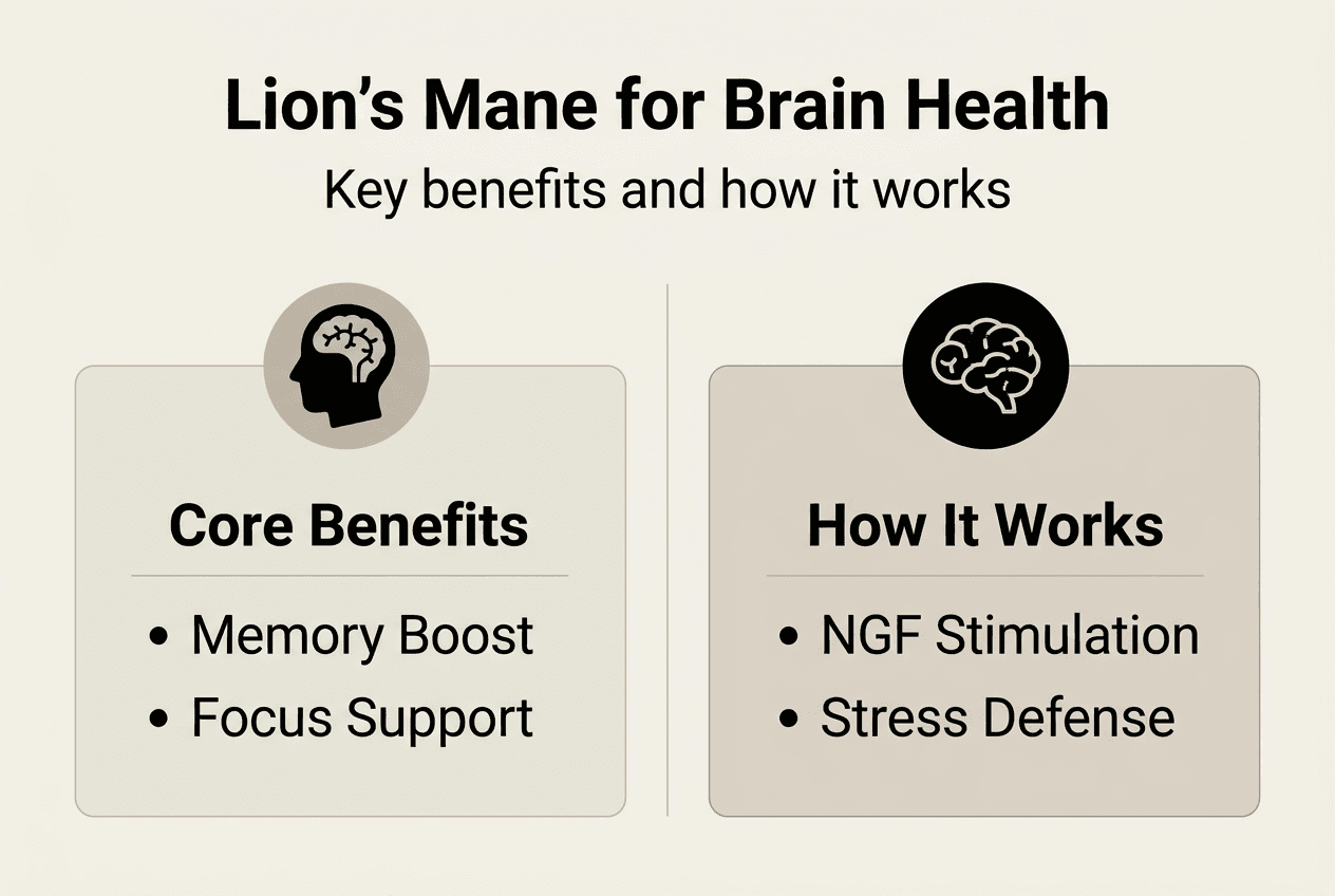 Infographic: Lion's Mane brain benefits and key actions