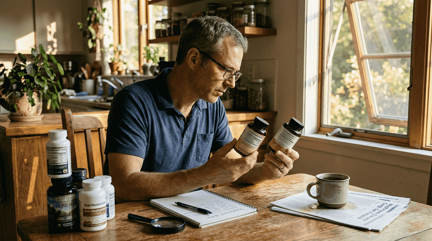 Man comparing lion's mane supplement labels