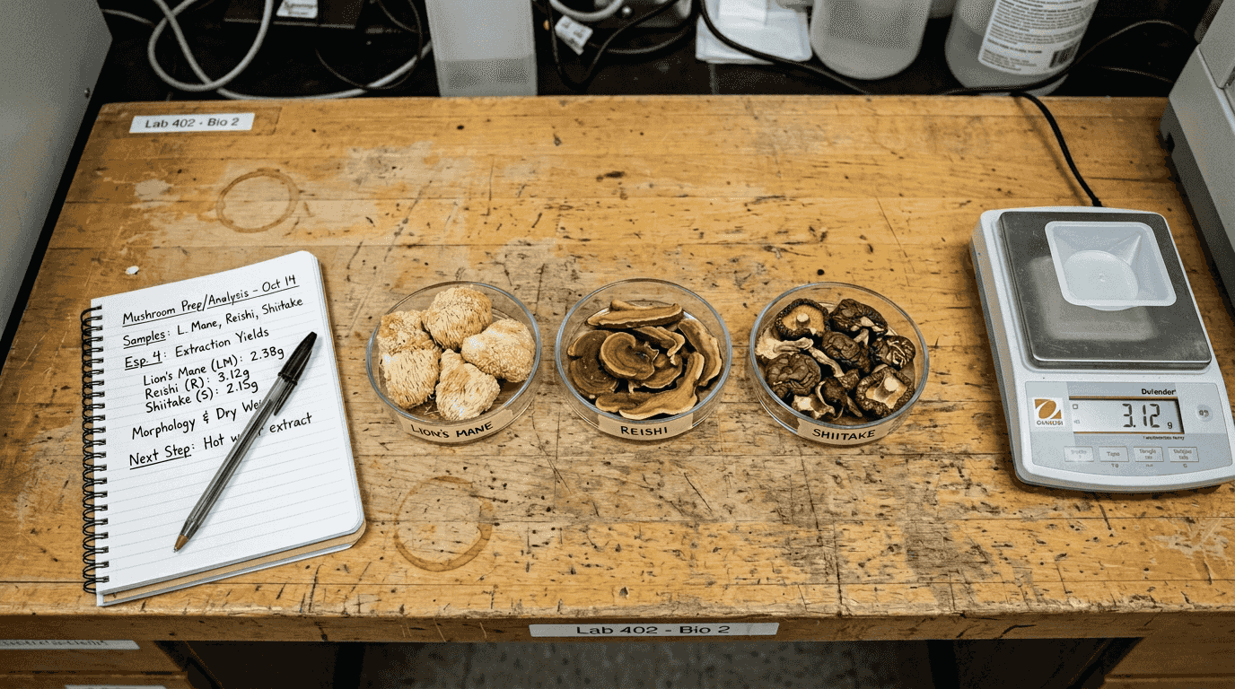 Medicinal mushroom types compared on lab bench
