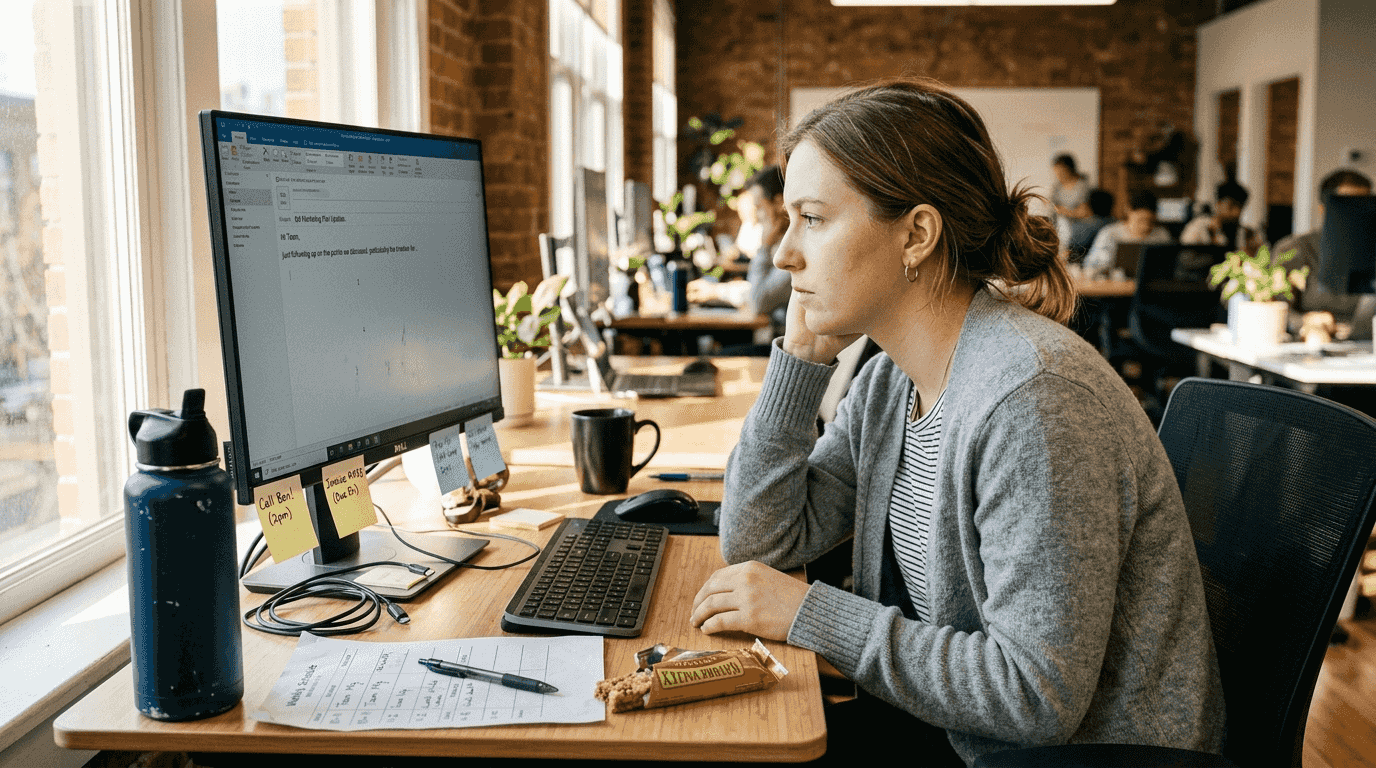 Distracted woman at office desk looking unfocused