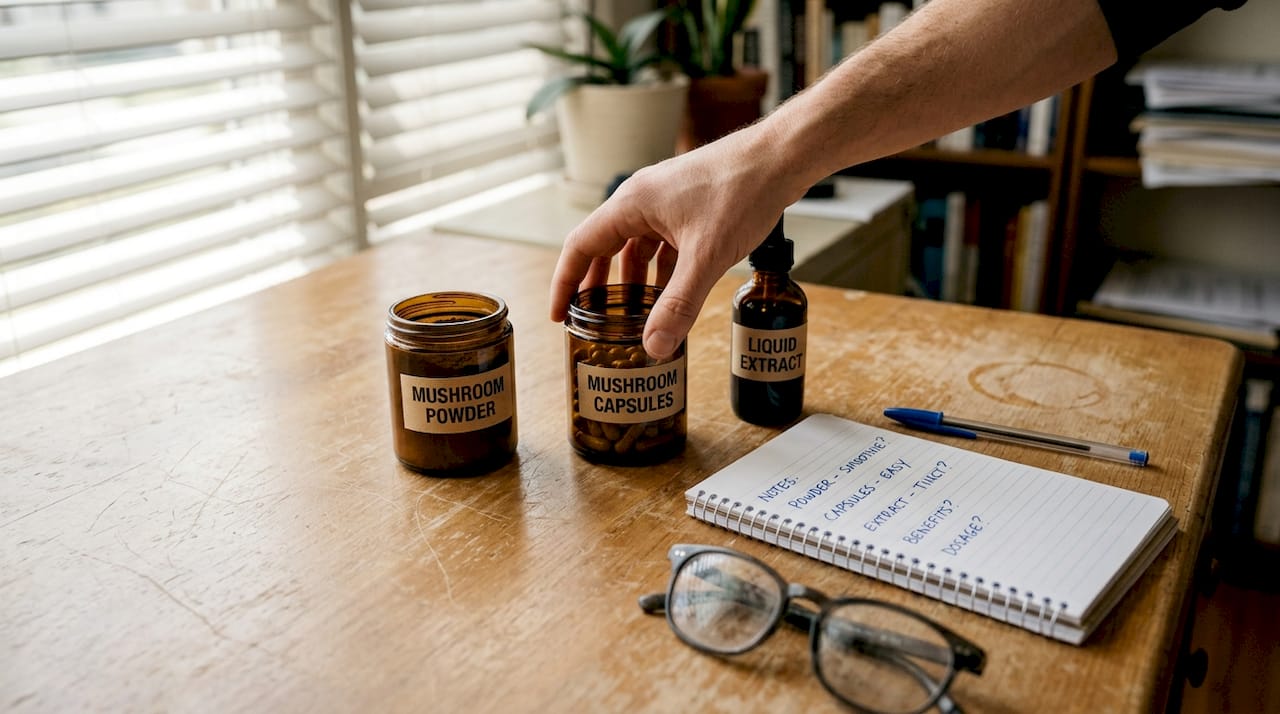 Jars of mushroom powder, capsules, and extract comparison