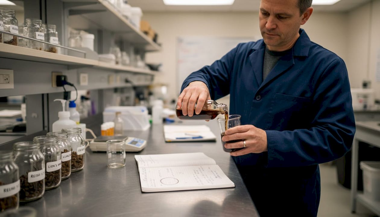 Technician preparing mushroom supplement extract