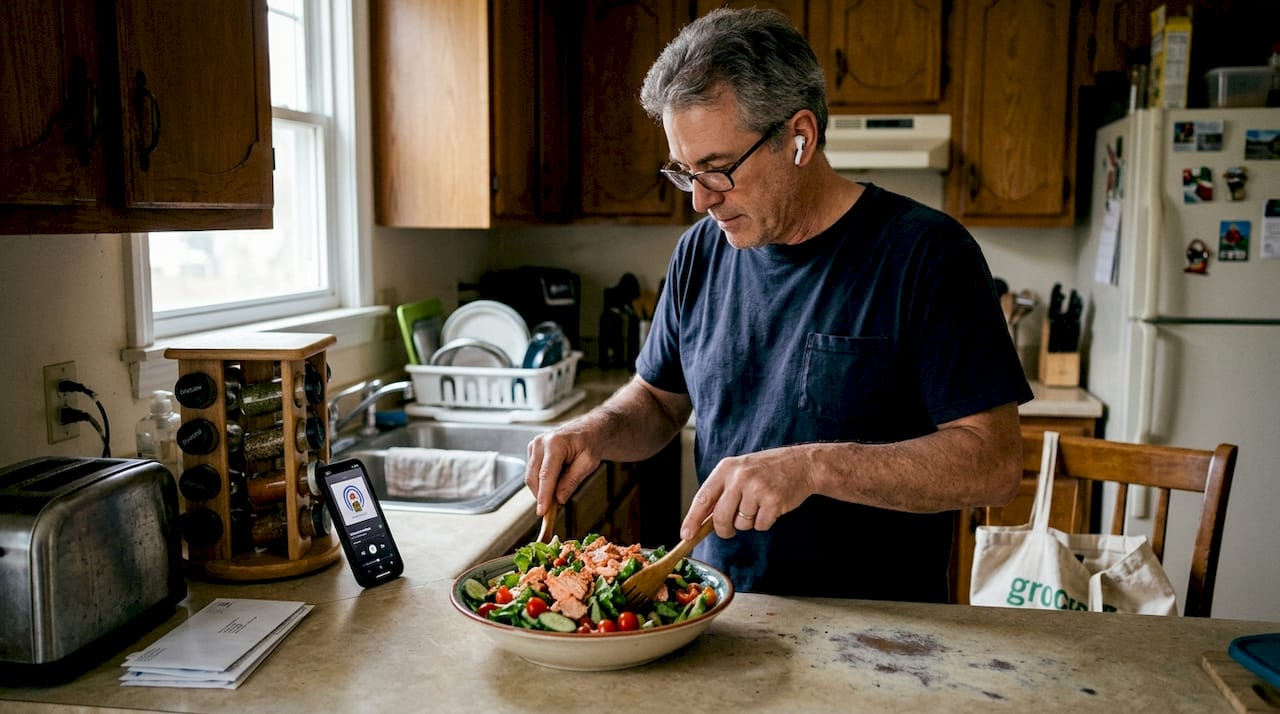 Man multitasking with healthy meal prep