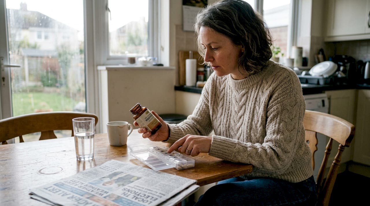 Woman checking fruiting body supplement dosage