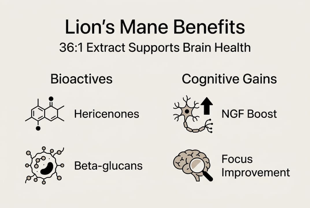 Infographic showing lion's mane benefits and bioactives