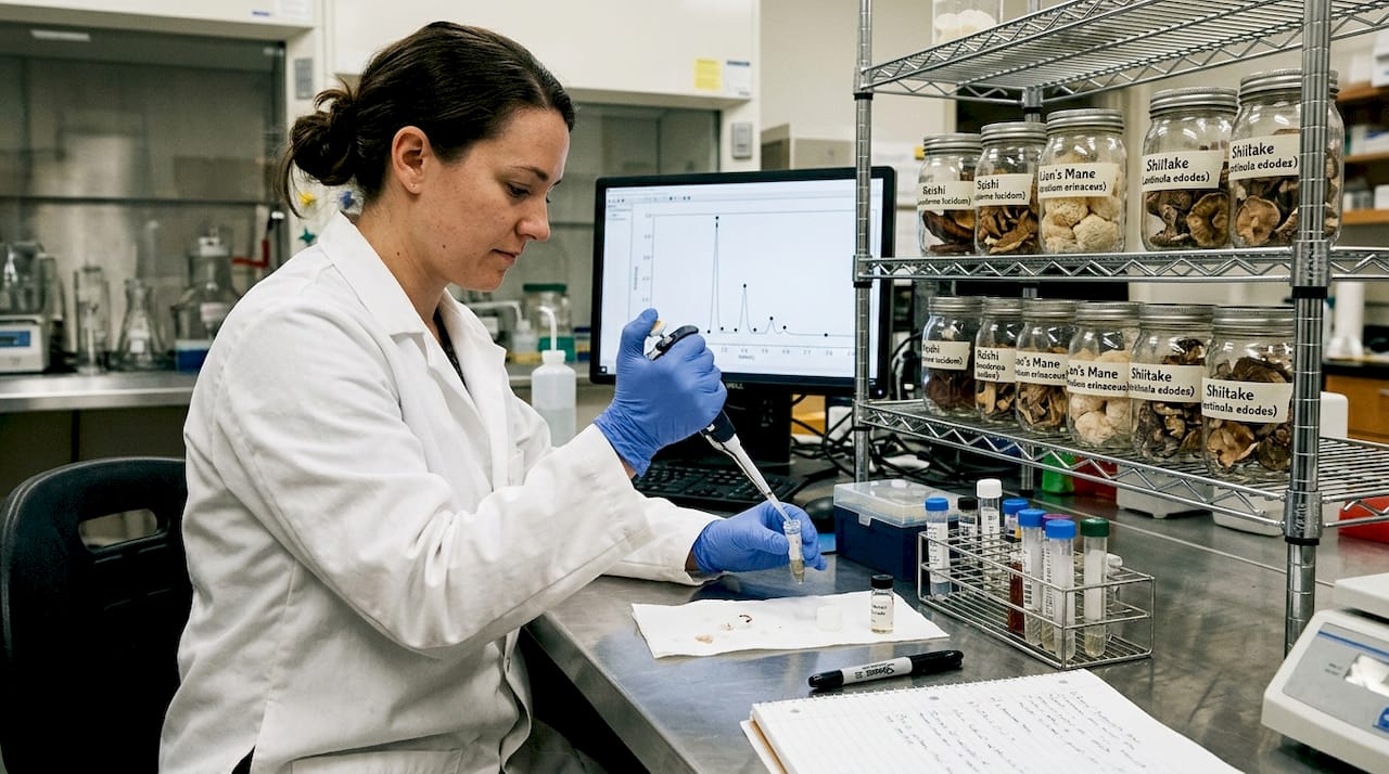 Lab technician testing mushroom supplement samples