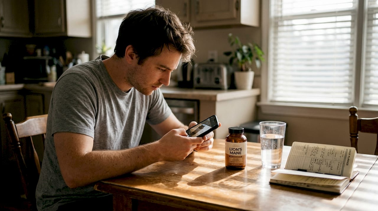 Man tracking supplement routine at kitchen table