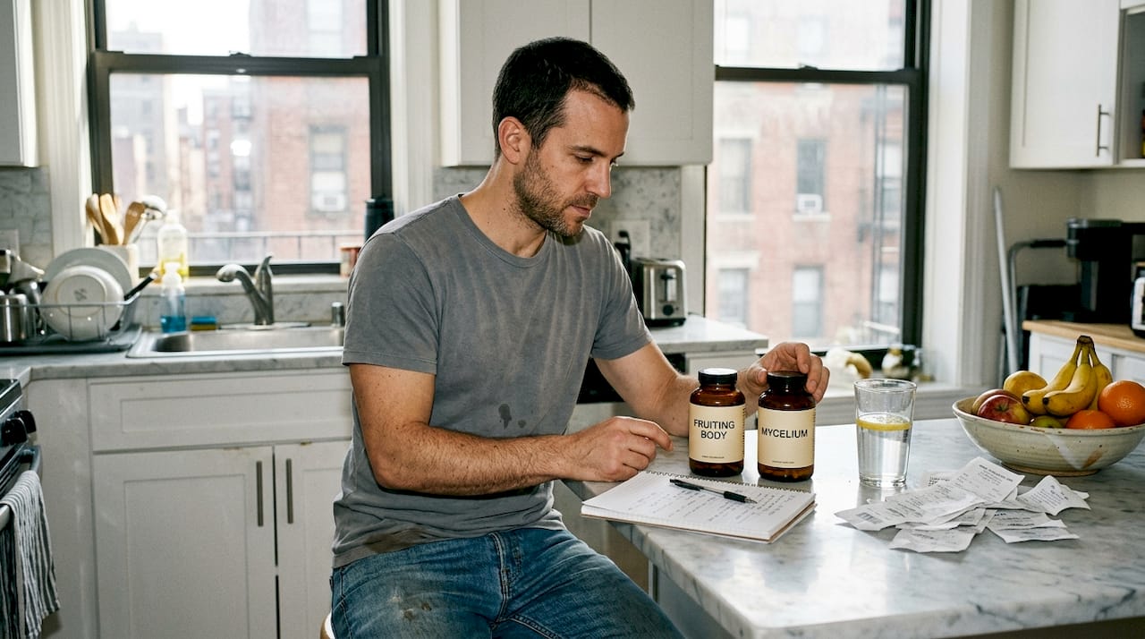 Nutritionist comparing supplement bottles in kitchen