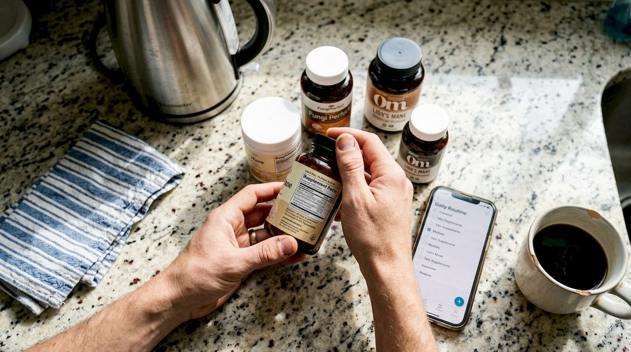 Hands inspecting Lion's Mane supplement labels