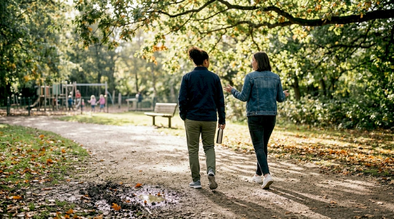 Two adults walking together on park path