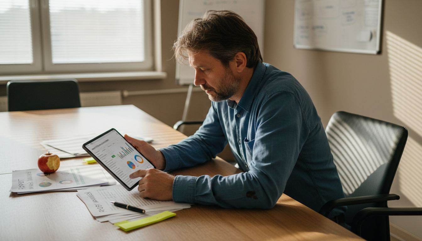 Mężczyzna podczas spotkania analizuje słowa kluczowe związane z SEO, siedząc przy stole konferencyjnym.