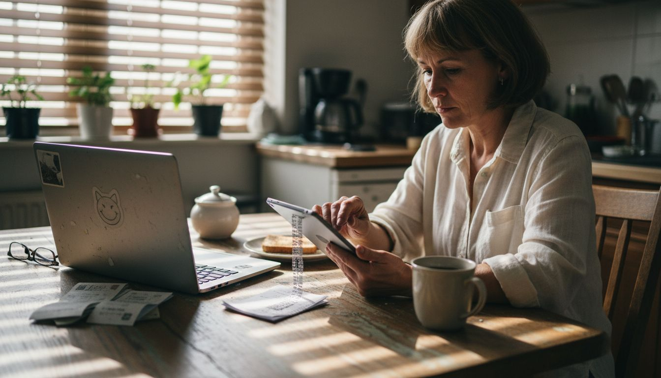 Woman enters crypto details at kitchen table