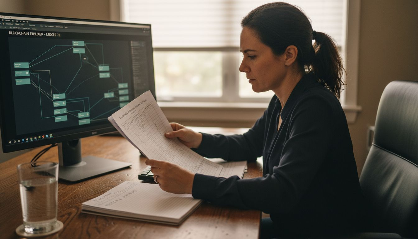 Woman marking blockchain ledger at home desk