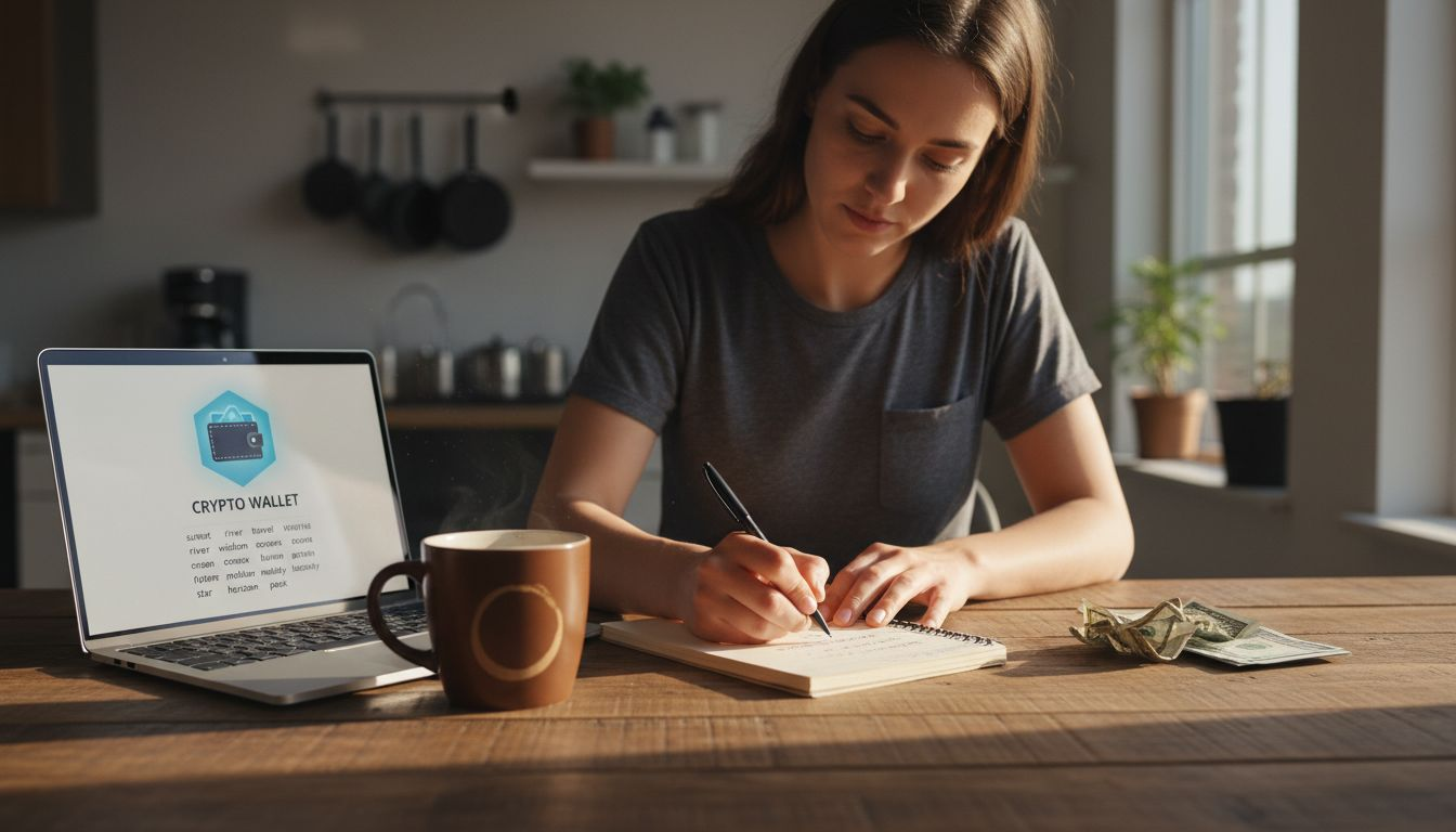 Woman safeguarding crypto wallet private key