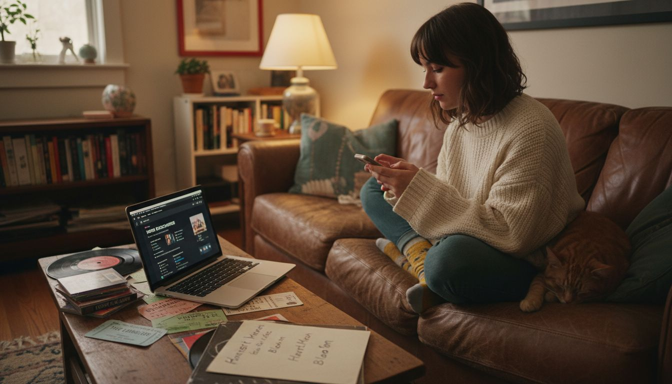 Woman browsing curated playlists in living room