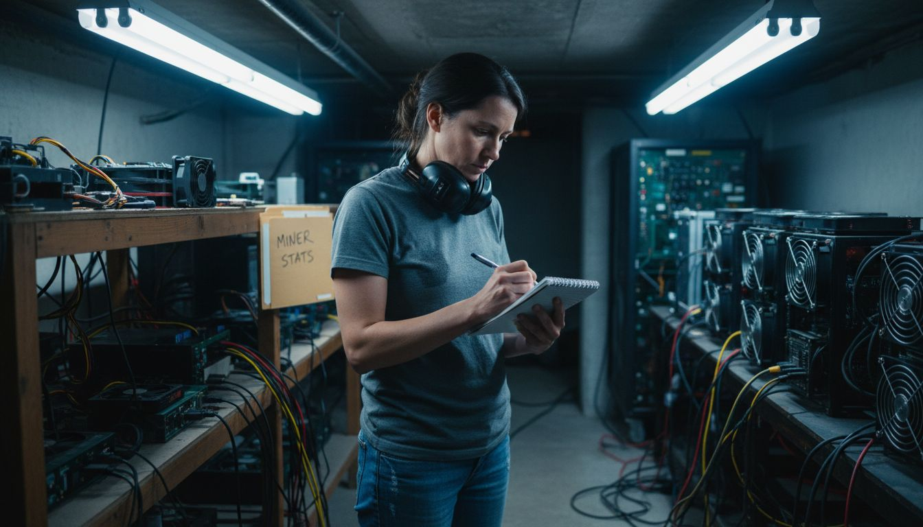 Woman recording mining statistics in basement