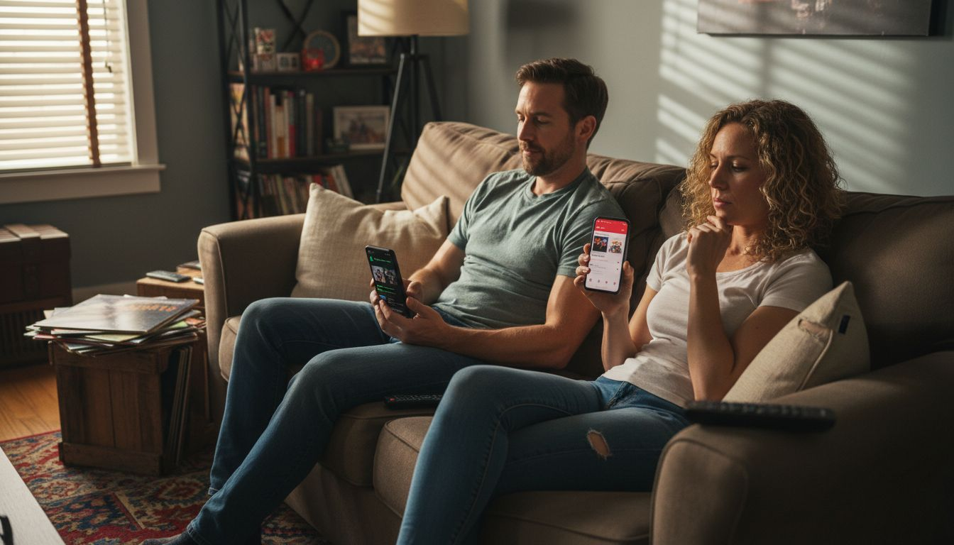 Friends compare music streaming platforms at home