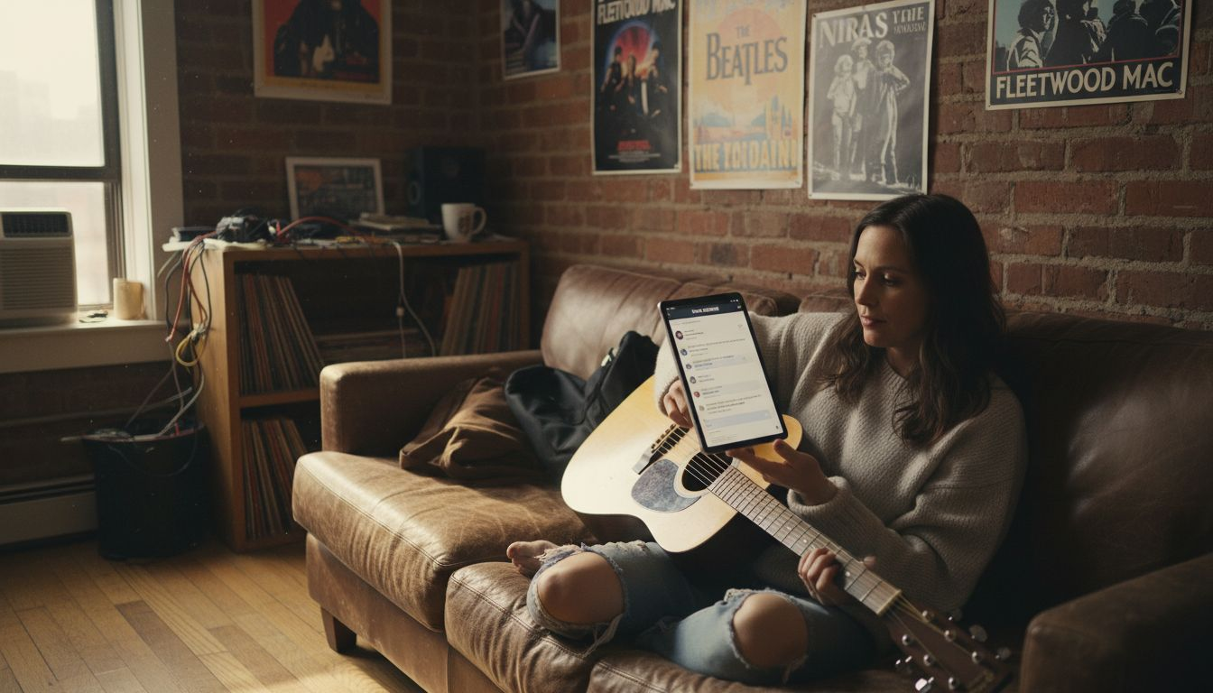 Singer-songwriter engaging fans online in apartment