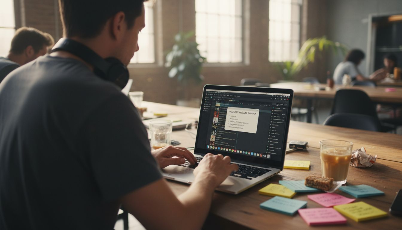 Curator arranging digital playlist at workspace