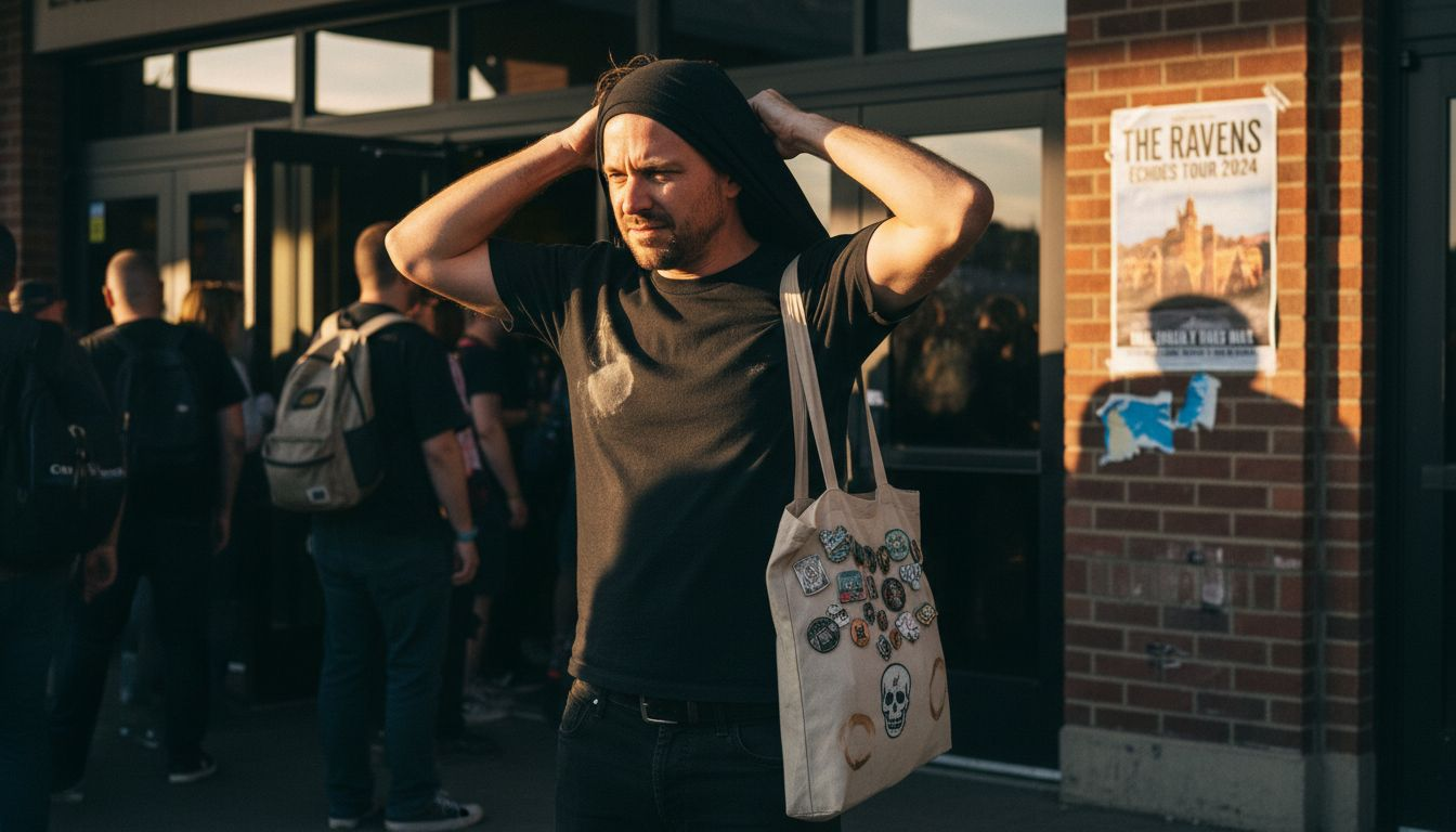 Fan wearing artist merchandise outside venue