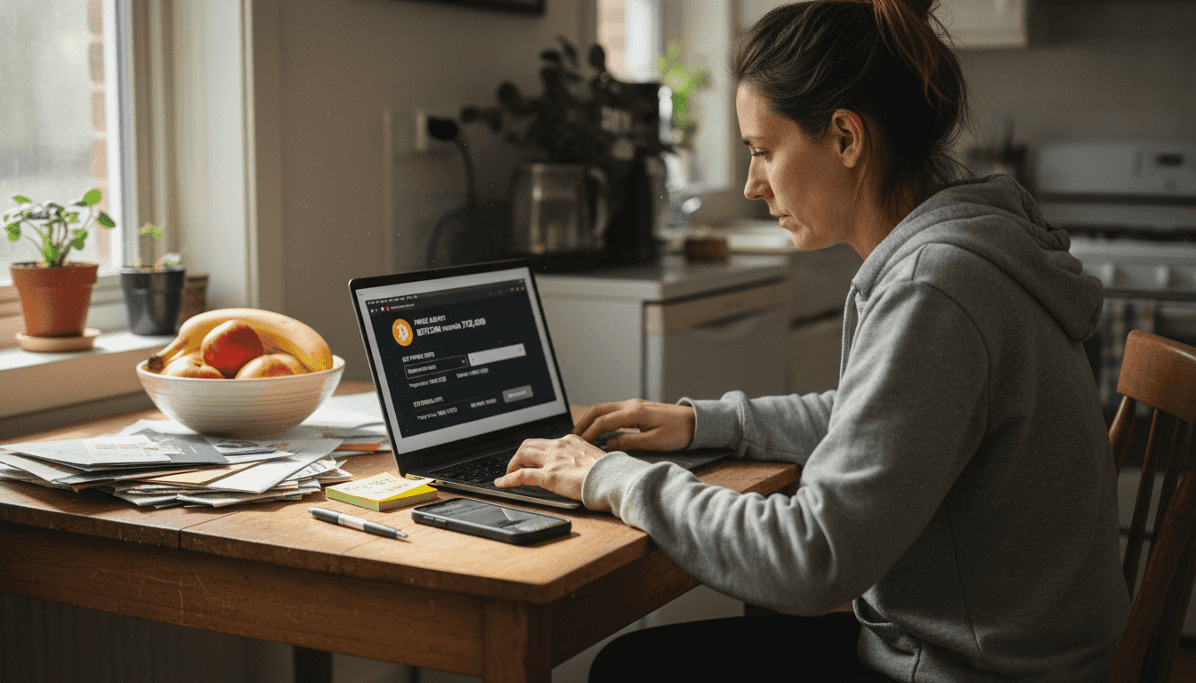 Woman setting crypto price alerts at table