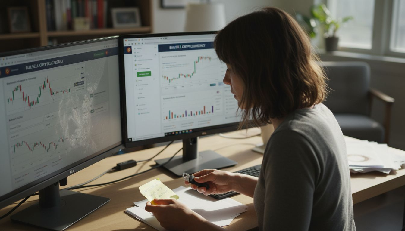 Woman comparing crypto exchange websites at desk