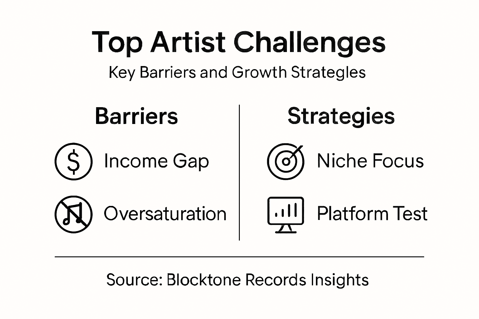 Infographic showing challenges versus growth strategies for artists