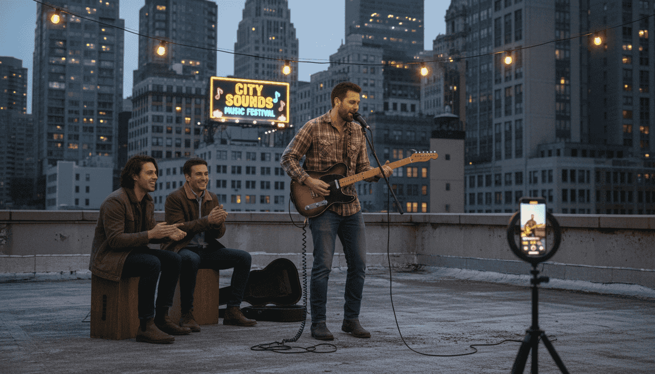 Rooftop musician playing for small audience