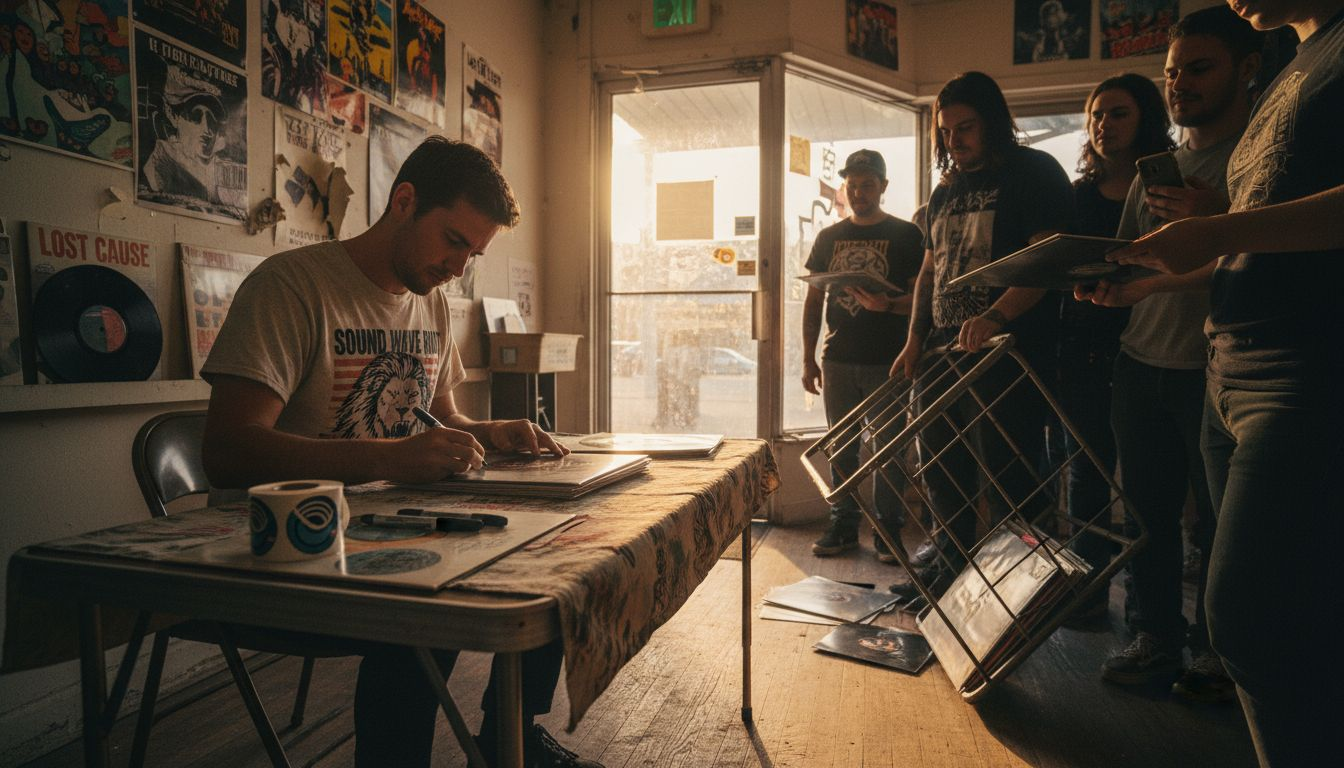 Indie artist signing vinyl records for fans