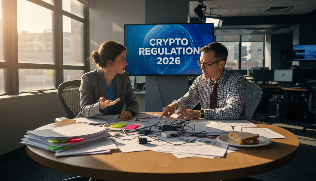 Reporters discussing crypto regulation news