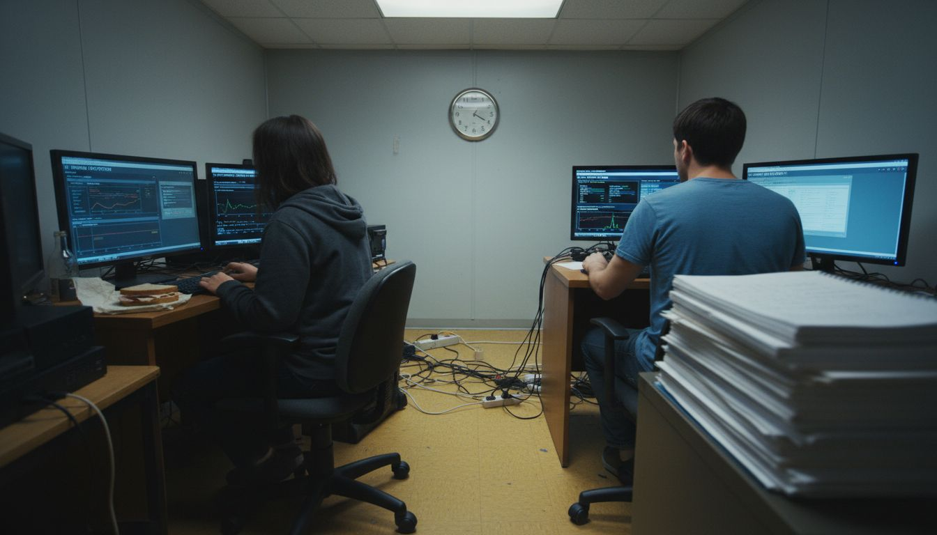 Two people reviewing mining pool stats together