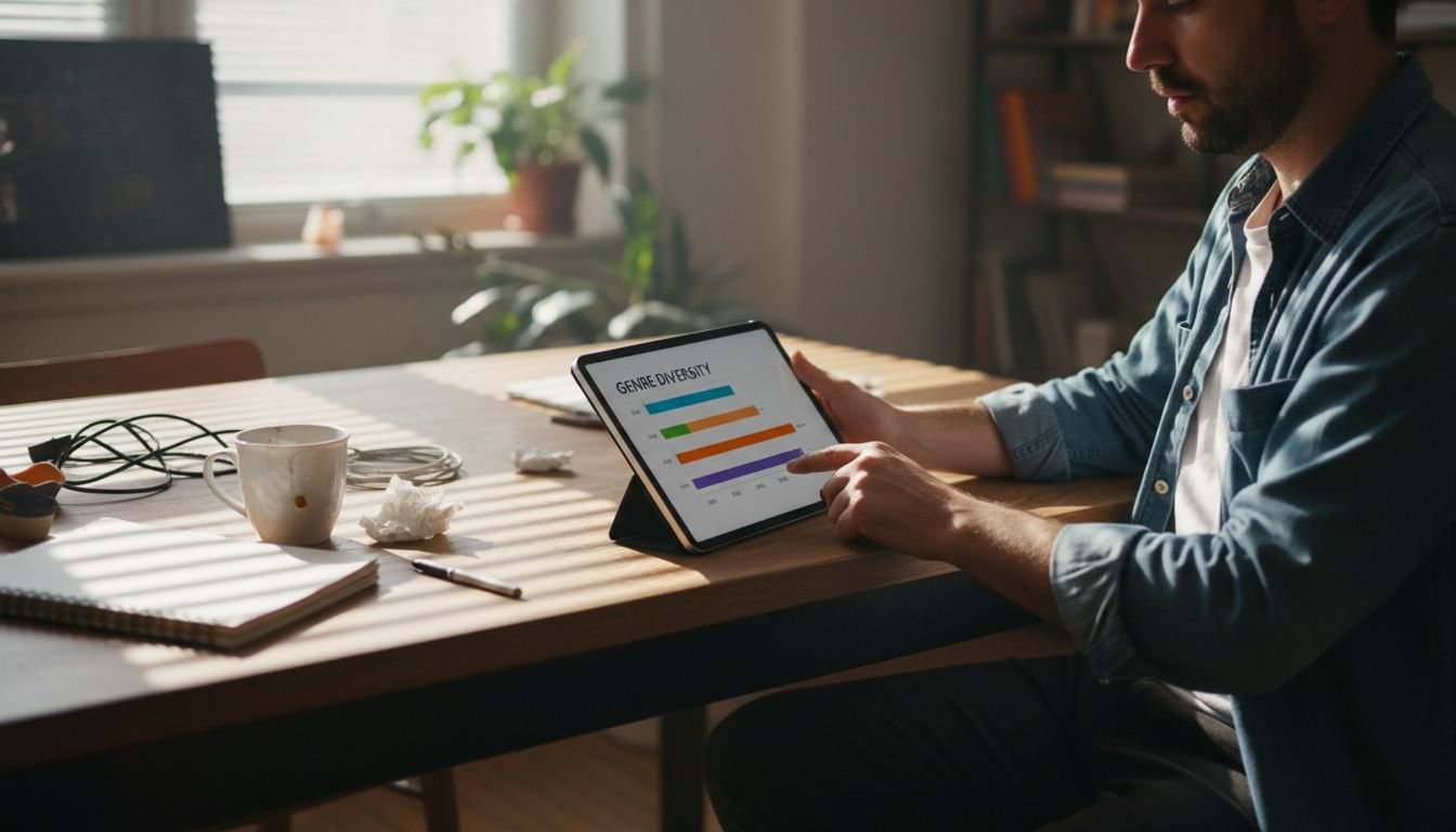 Artist viewing genre diversity charts on tablet