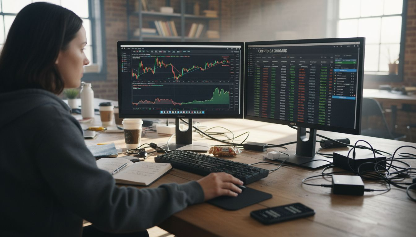 Woman tracking crypto prices on dashboard monitors
