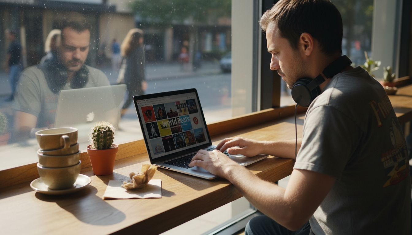 Man browsing music genres on laptop at café