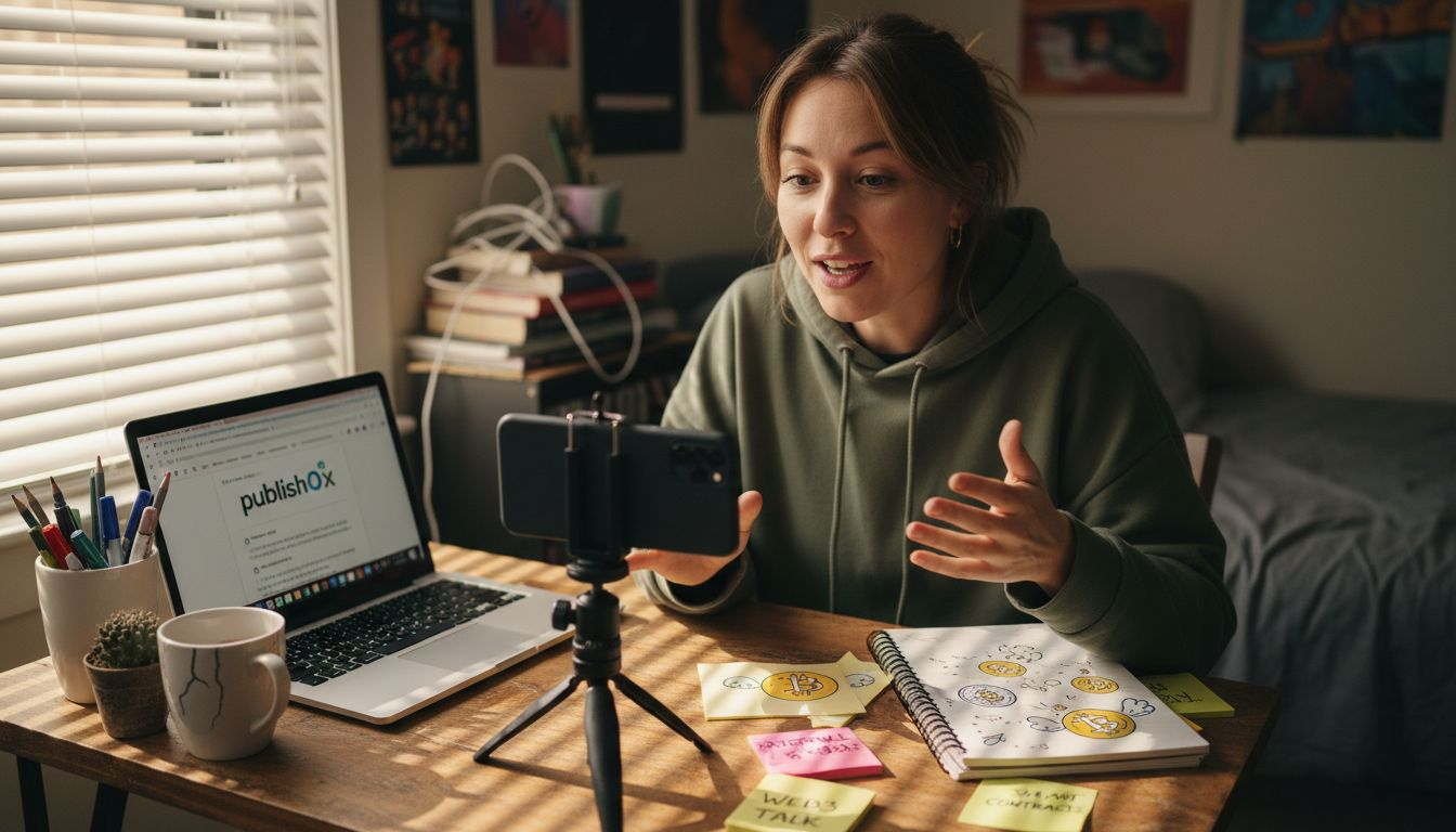Woman creates crypto video at cluttered desk
