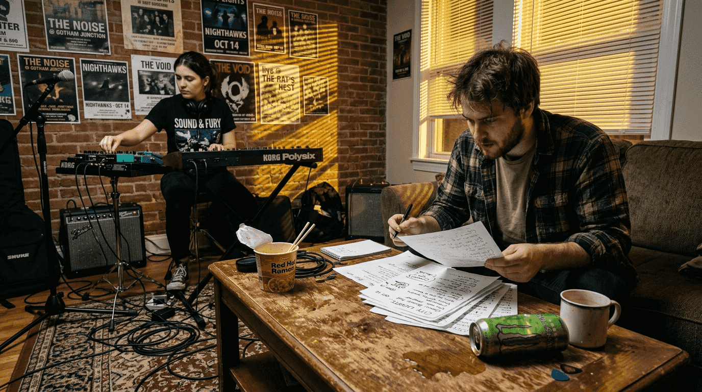Band rehearsing emerging genre in casual home