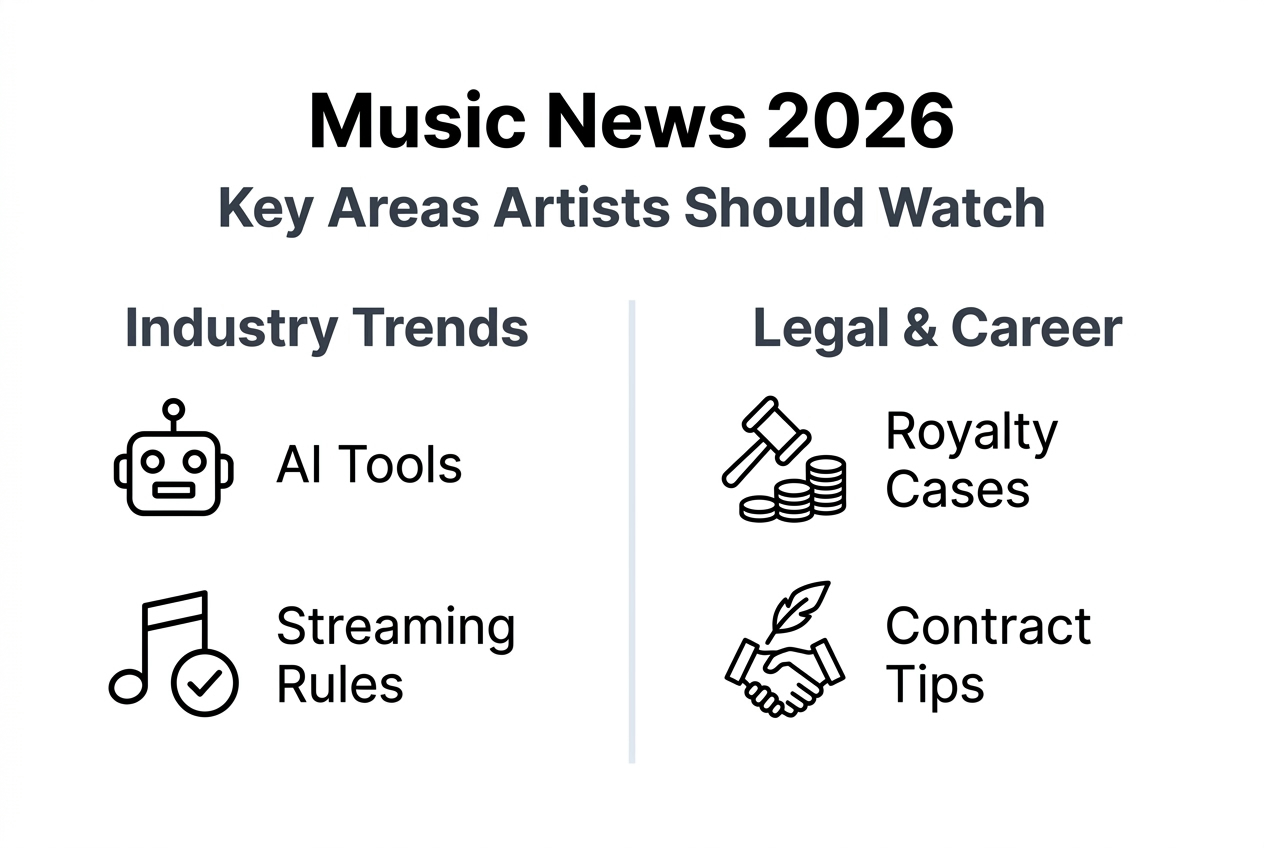 Infographic outlining main music news areas for artists