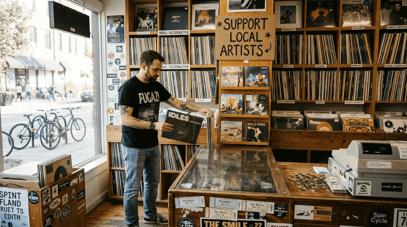 Clerk displaying local artist albums in store