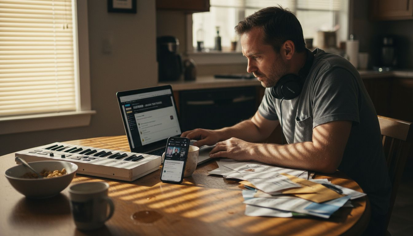 Producer uploading tracks at messy kitchen table