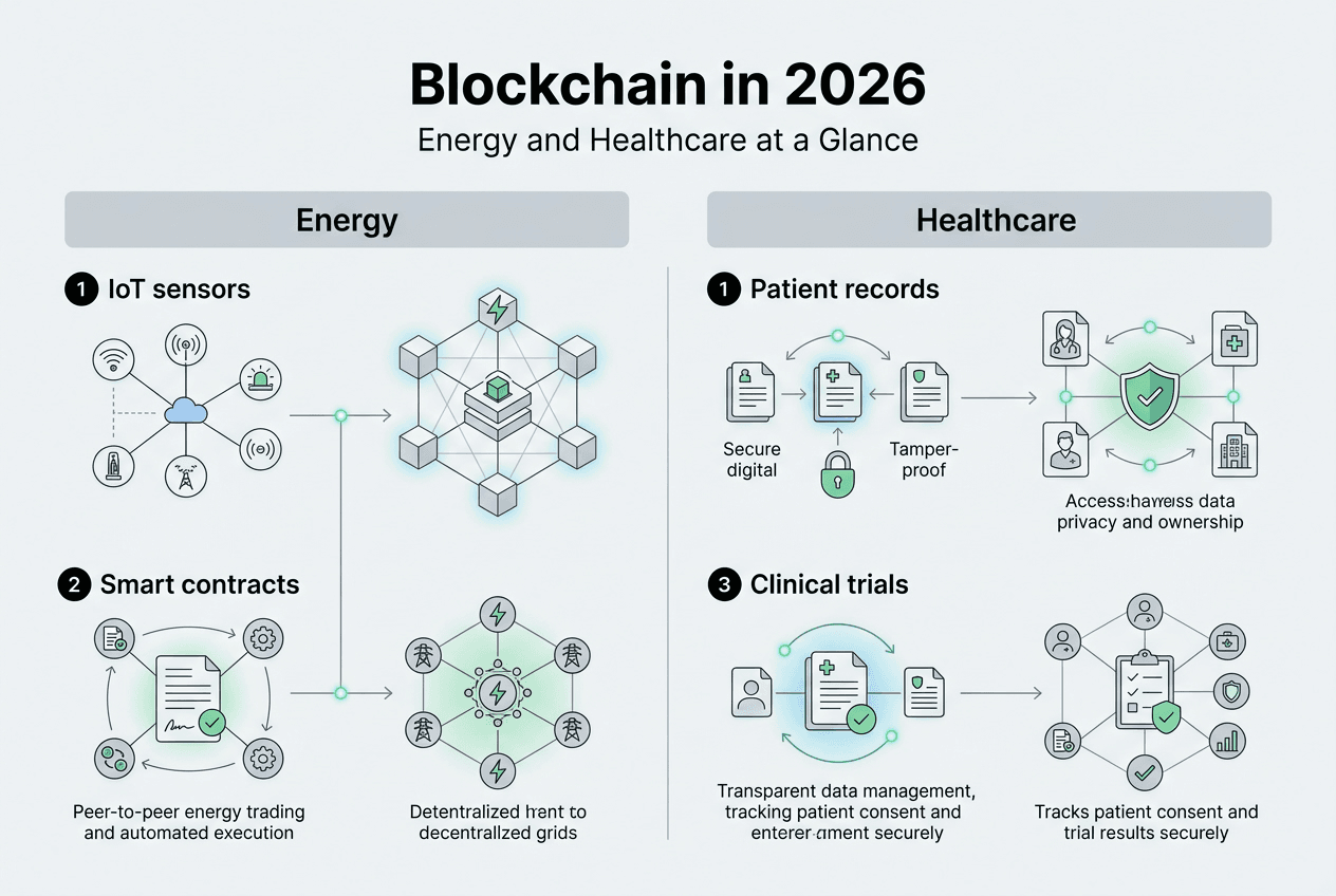 Infographic energy and healthcare blockchain uses