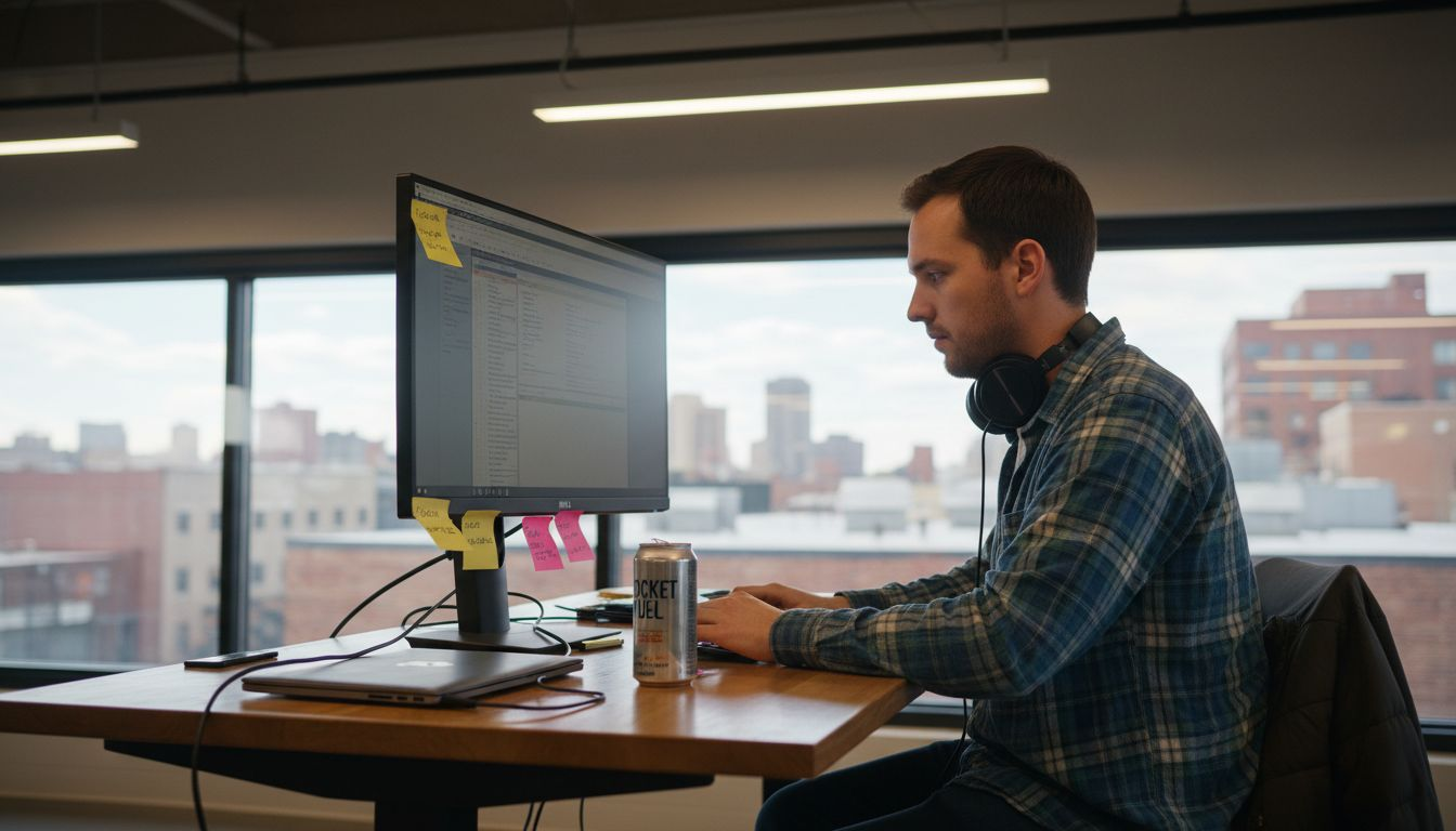 Developer reviews ticket API docs at desk
