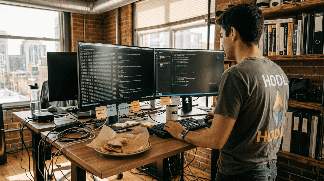 Developer coding blockchain protocol at cluttered desk