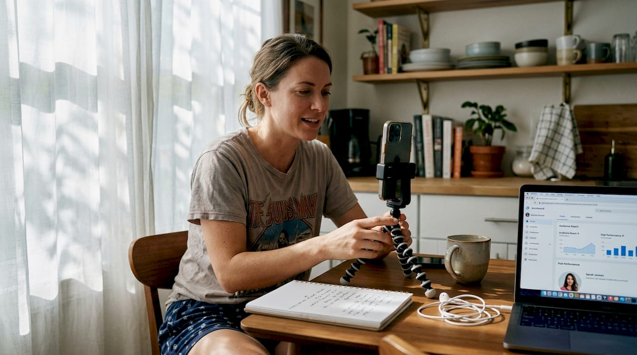 Artist recording social media promo video