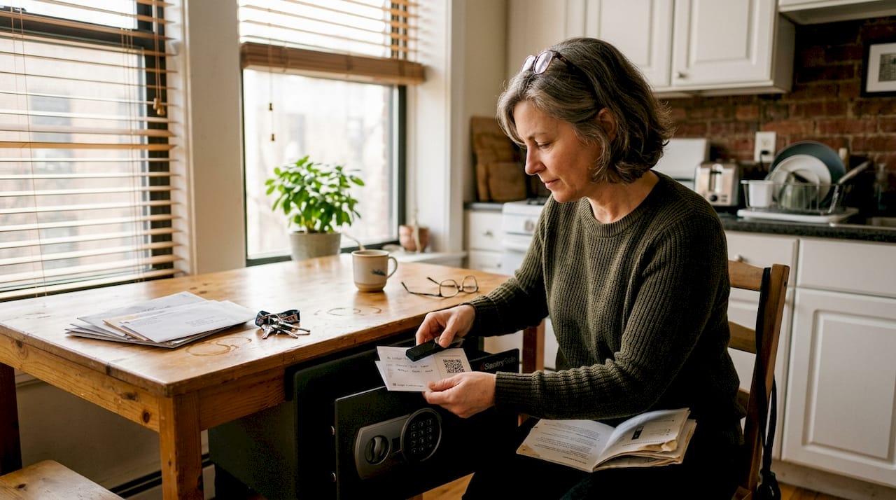 Woman storing hardware wallet in home safe