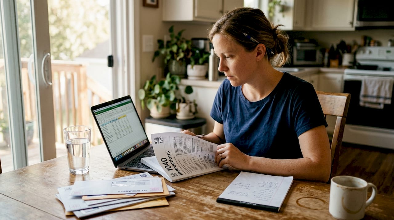 Woman checks crypto cost basis spreadsheet